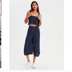 American Eagle 2 piece Coordinating Set Top and Pants Navy Blue Polka Dot Size S